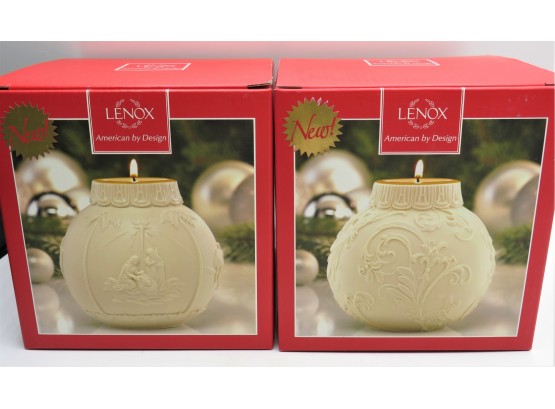 Lenox 'ornamental Glow Holly Scrollwork Nativity Votive' Set Of 2 - New In Box