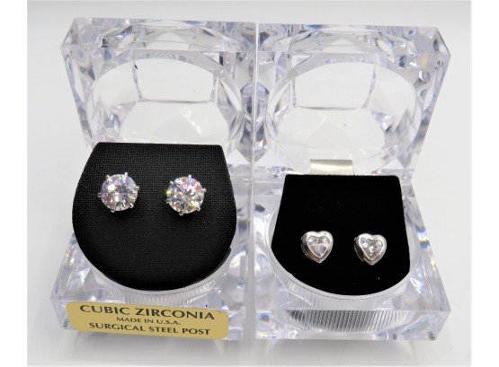 Elegant Cubic Zirconia Stud Earrings - Set Of 2 - Round & Heart-shaped