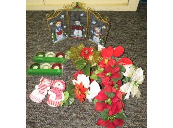 Festive Assorted Christmas Decorations Including Artificial Flowers, Snowmen & Candle Decor