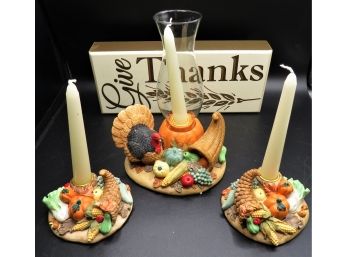 Autumn 3-Piece Centerpiece Harvest Candles & Give Thanks Sign