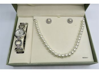 Charming Cote D' Azur Faux Pearl Necklace, Earrings And Watch - NEW