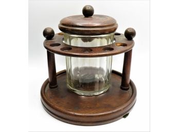 Vintage Pipe Holder -  Wood & Glass Jar With Lid