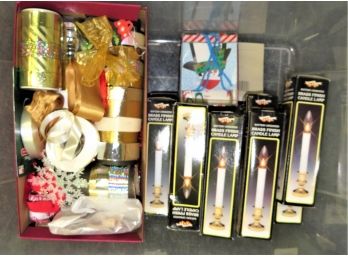 Assorted Holiday Decorations -  Battery Operated Brass Finish Candle Lamps, Ribbons & More