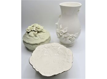 Assorted Floral Set Of 3 - Vase, Footed Plate & Jar With Lid