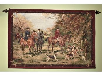 Tapestry Wall Hanging Of Men On Horses With Hunting Dogs - Hanging Rod Included