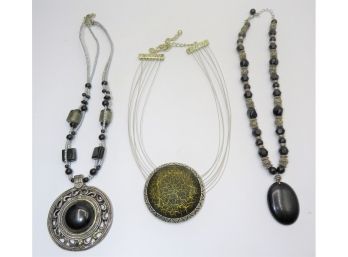 Stylish Chico's Round Green-tone Necklace, Black Round Beaded Necklace & Black Oval Beaded Necklace - Set Of 3