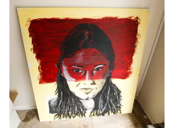 Striking Large Oil On Canvas Portrait Of Native American Woman On Canvas