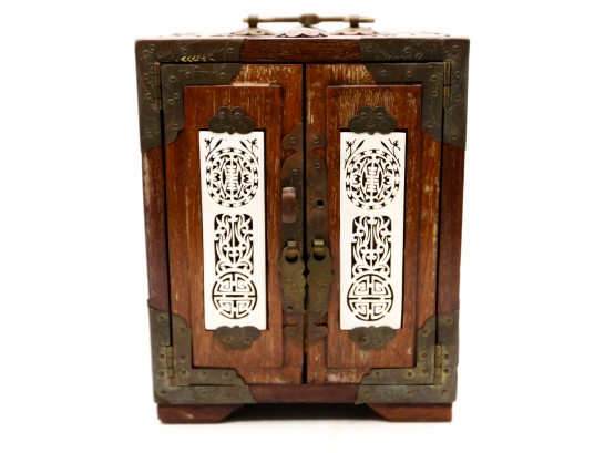 Antique Asian Inspired Sold Wooden Jewelry Box - 2 Door/3 Drawer - Minor Scratches
