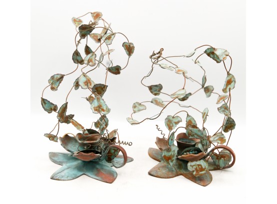 Pair Of Charming Metal Floral Design Candle  Stick Holders