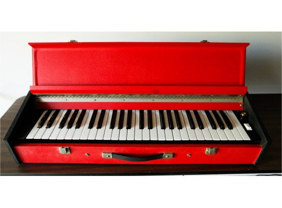 Vintage Portable Piano Keyboard In Red & Black Wooden Case - Tested
