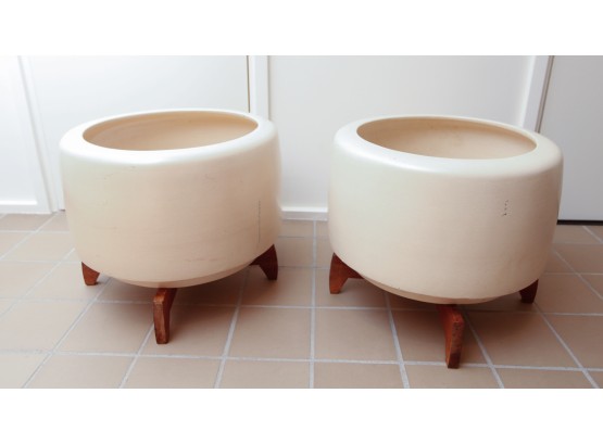 Mid Century Modern Architectural Pottery  -solid Wood Base Pair