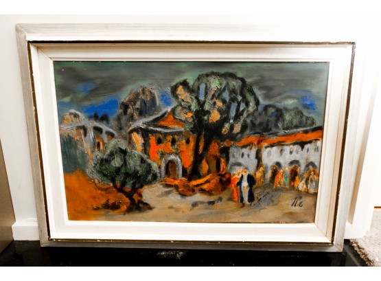 Vintage Vibrant Oil On Canvas Artist Signed Village Scene Framed