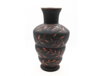 Polsen - Original Black Ceramic  Vase W/ Red Leaf Design