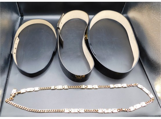 Four St John Leather Belts Size Med & St John Gold Tone Chain Belt 41'L, 5 Piece Lot