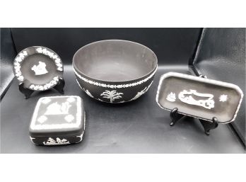 Wedgewood Black Japserware 4 Piece Set Trinket Box, Ashtray, Trinket Bowl, & Trinket Tray