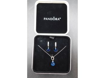 Pandora Set Sterling Silver Earrings And Necklace Blue Gemstone & Cubic Zirconia