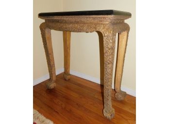 Gold Tone Carved Wood Side Table With Black Marble Top