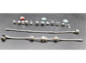 Pandora Sterling Silver & Glass Assorted Charms And Bracelet, 17 Pieces