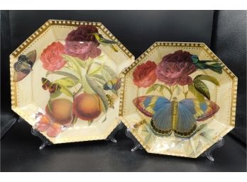 Pair Of Decoupage Plates Signed Mari El, Butterfly Plate And Peaches Plate, 2 Piece Lot