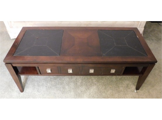 Solid Wood Faux Leather Top Coffee Table With Reversible Drawer