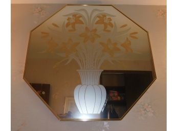 Hexagon Shaped Gold Tone Framed Floral Bouquet Design Signed By Robert Slumboot Wall Mirror