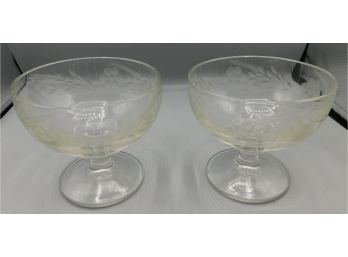 Vintage Pair Of Etched Dessert Coupe Glasses