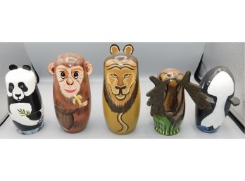 Assorted Lot Of Hand Painted Animal Style Wood Nesting Dolls