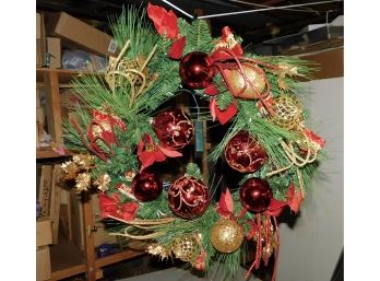 Faux Christmas Wreath With Red & Gold Ornaments With Box