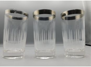 Mid Century Set Of Silver Trim Drinking Glasses