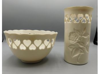Lovely Pair Of Lenox Special Porcelain Heart Pattern Vase And Bowl