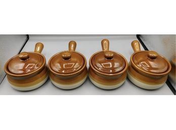 Vintage Ceramic Glazed Covered Soup Bowls With Handle - 4 Total