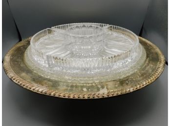 Lovely Vintage Footed Silver-plated Circle Swivel Platter With Sectional Cut Glass Dishes