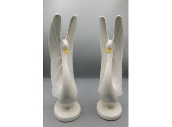 Pair Of Ceramic Hand Painted Swan Figurines
