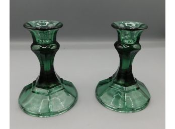 Pair Of Green Tint Glass Candlestick Holders
