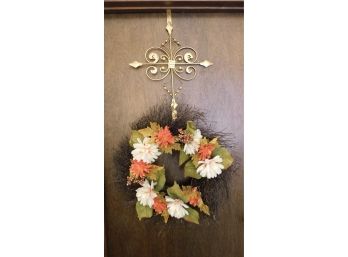 Decorative Faux Floral Wreath With Wrought Iron Door Hanger