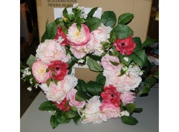 Faux Wicker Style Pink/red Floral Wreath With Box