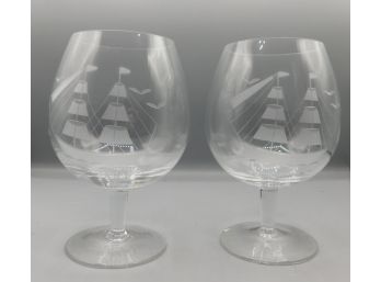 Pair Of Etched Glass Sailboat PatternSnifters