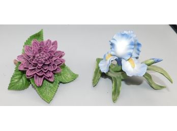 Lovely Pair Of Lenox Fine Porcelain Iris And Dahlia Flower Figurines