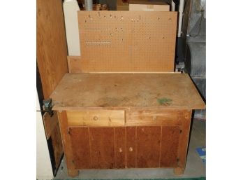 Solid Wood Work Bench With Attached Plank Board And Vice