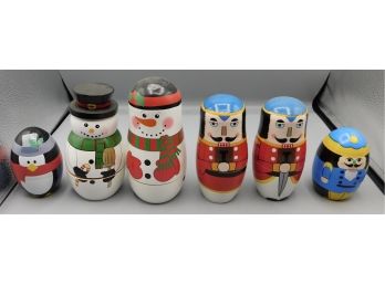 Assorted Lot Of Holiday Theme Wood Nesting Dolls