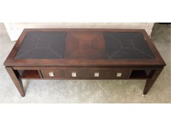 Solid Wood Faux Leather Top Coffee Table With Reversible Drawer