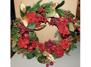 Faux Christmas Style Wreath With Red Ornaments & Box