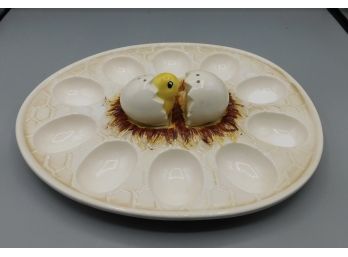Ceramic 10 Space Deviled Egg Platter With Egg Shell Style Salt And Pepper Shakers