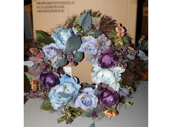 Wicker Style Faux Blue & Purple Floral Design Wreath With Box