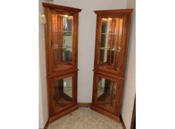 Pair Of Solid Wood Carved Pattern 2 Story Lighted Curio Cabinets