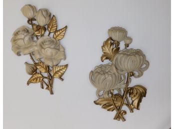 Vintage Pair Of Syroco Inc. White Floral/ Gold Tone Leaf Design Wall Decor