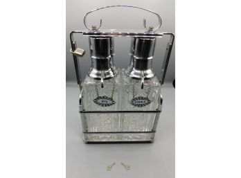 Mid Century Glass Chrome Scotch And Rye Pump Decanter Set With Caddy - Keys Included