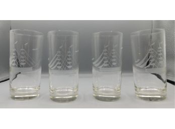 Lot Of Etched Glass Sailboat Pattern Drinking Glasses