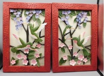 Decorative Pair Of Metal Framed Hummingbird Pattern Wall Decor
