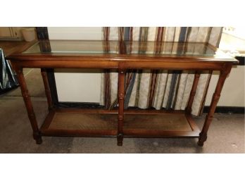 Lovely Solid Wood Console Table With Glass Inserts And Cane Shelf